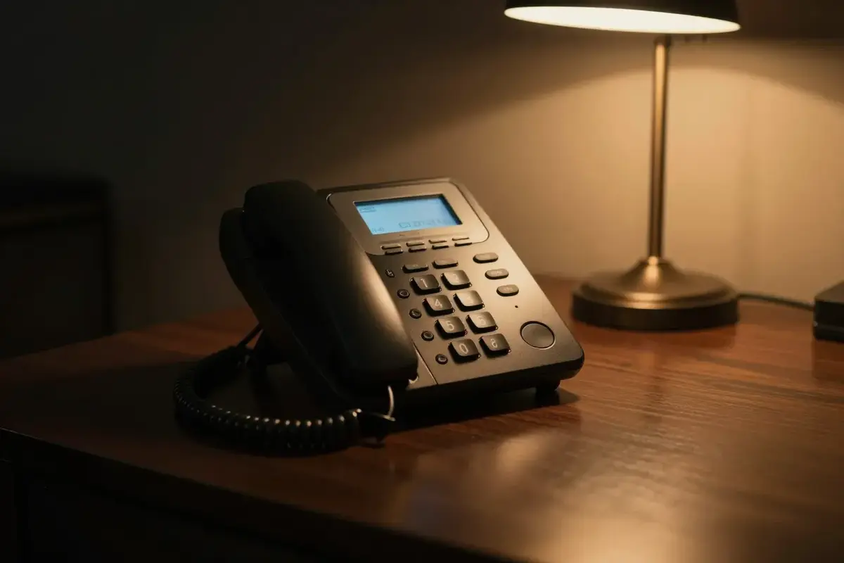 IP-Tischtelefon im Schein einer Schreibtischlampe